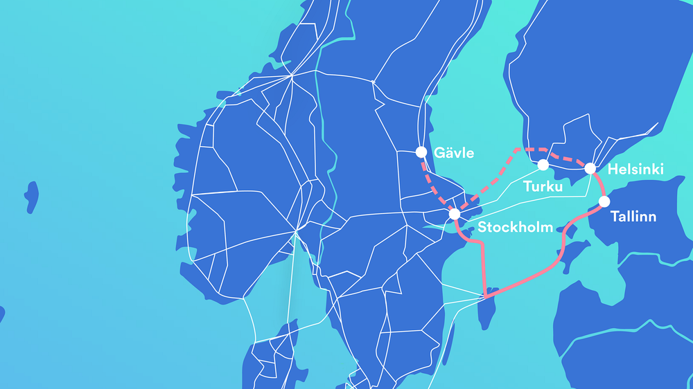 Kartet viser de nye fiberforbindelsene Globalconnect skal bygge mellom Sverige, Estland og Finland de neste to årene. Til sammen blir det en 1250 kilometer lang ringforbindelse i Østersjø-området.