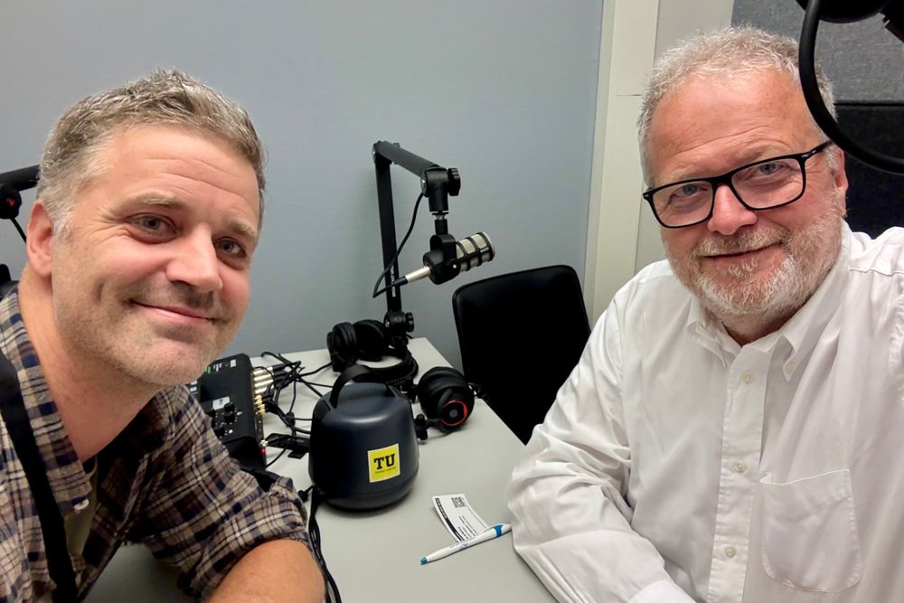 Jean-Sébastien L'Heureux (t.v.) er geoteknisk ekspert hos NGI. Her i podkastsamtale om kvikkleire med TUs Jan M. Moberg. 