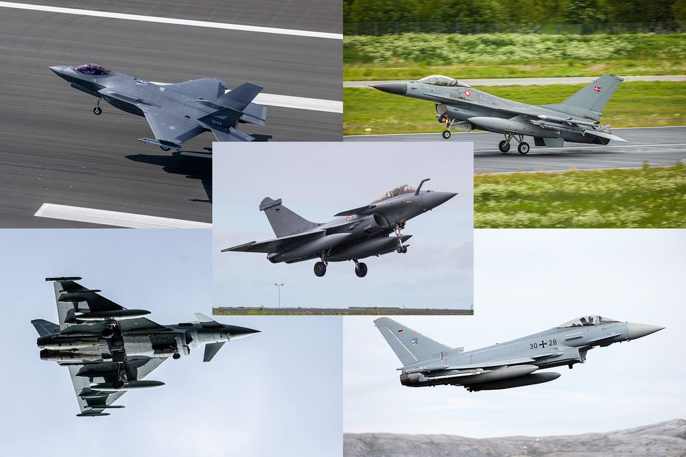Kampfly fra en rekke Nato-land skal bidra i polsk luftrom i tiden som kommer. Fra venstre øverst: Norsk F-35, dansk F-16. britisk Eurofighter og tysk Eurofighter. I midten fransk Rafale.