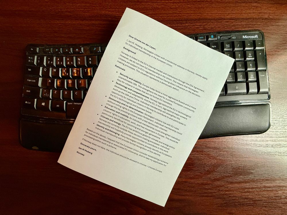 Nå har president Ursula von der Leyen i EU-kommisjonen fått min søknad om individuelt medlemskap i unionen. Den ble sent (elektronisk) torsdag 2. oktober klokken 16:11.