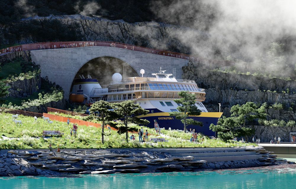 Omtrent slik kan Stad skipstunnel bli seende ut når den er ferdig. Modell av tunnelåpningen i Moldefjorden ved Selje.