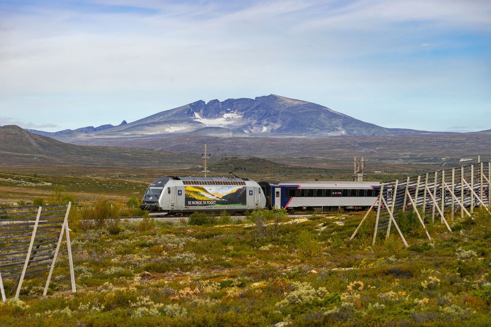 SJ-tog på Dovrebanen på vei inn til Hjerkinn stasjon, sørgående retning.