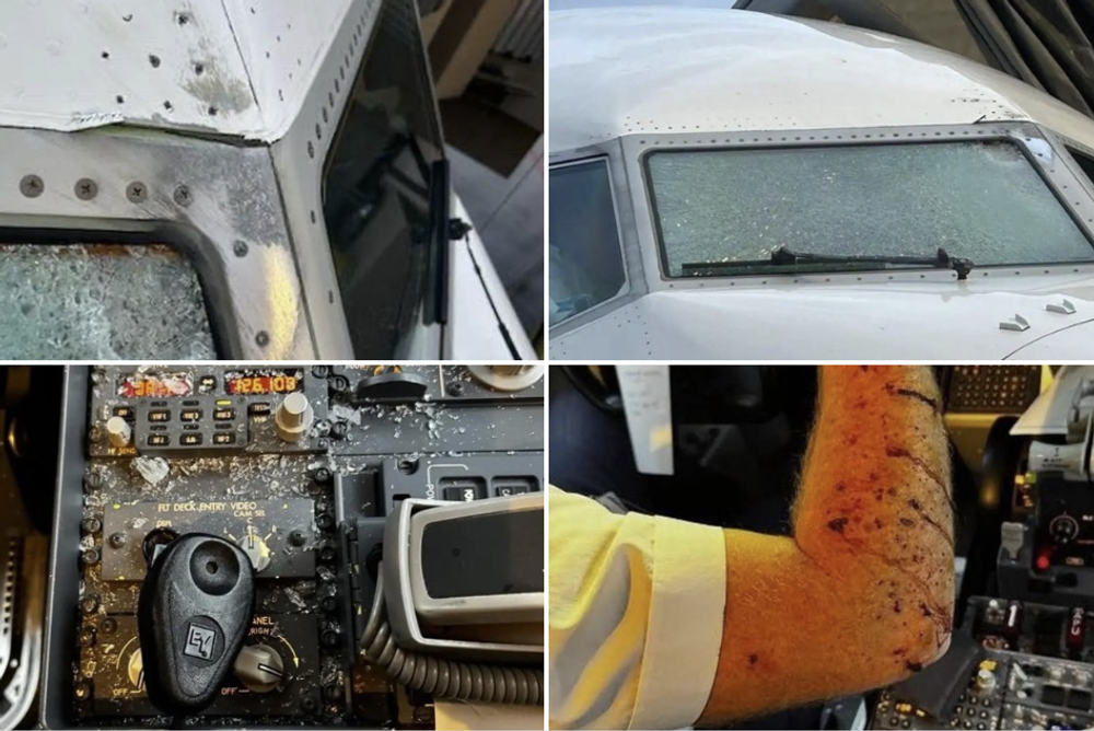 Skader som skal ha blitt påført Boeing 737 Max 8-flyet registrert N17327, som fløy United Airlines' rute 1093 mellom Denver og Los Angeles torsdag 16. oktober 2025. Bildene som deles i sosiale medier, er ubekreftet. De er tatt av fotografer som ikke er navngitt.