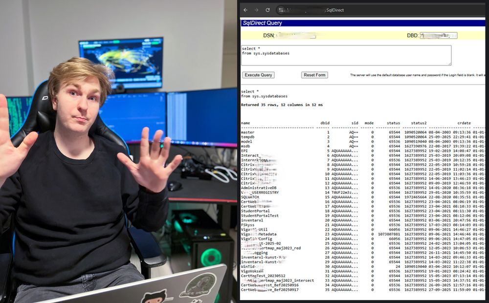 Penetrasjonstester Daniel Christensen (23) og skjermdump av et eksponert SQL-grensesnitt.