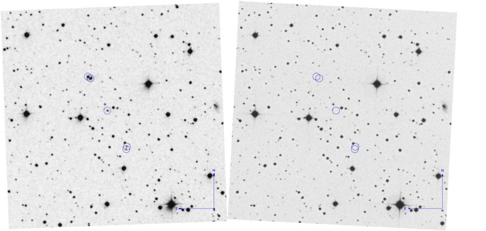 Det venstre bildet er fra 1952, mens det høyre viser det samme området en gang på 1980-tallet. De blå sirklene viser hvor det var et lyssignal i 1952 som ikke fantes senere. Skyldes det en tilfeldighet eller en fotografisk feil? Eller kan det være et kunstig objekt med kantete flater som bare var på himmelen i 1952? Og hvor kom det i så fall fra? Bildene er negativer, noe som gjør forskjellene tydeligere.