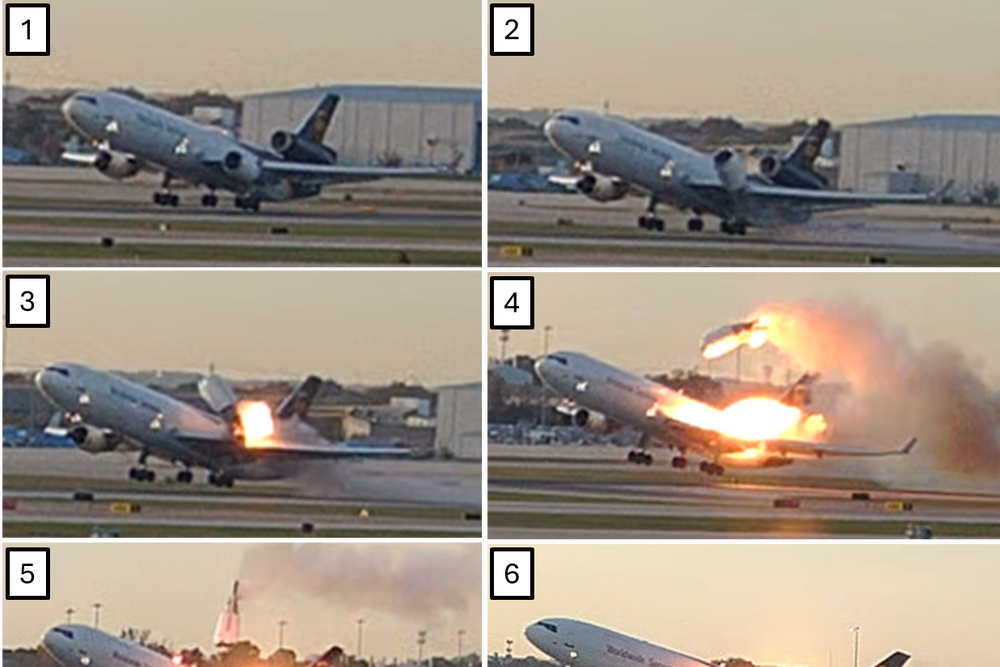 Bildene viser at den ene av de tre motorene til UPS-flyet som styrtet i Kentucky i begynnelsen av november, løsner og fyker opp i luften idet flyet tar av fra Louisville Muhammad Ali International Airport.