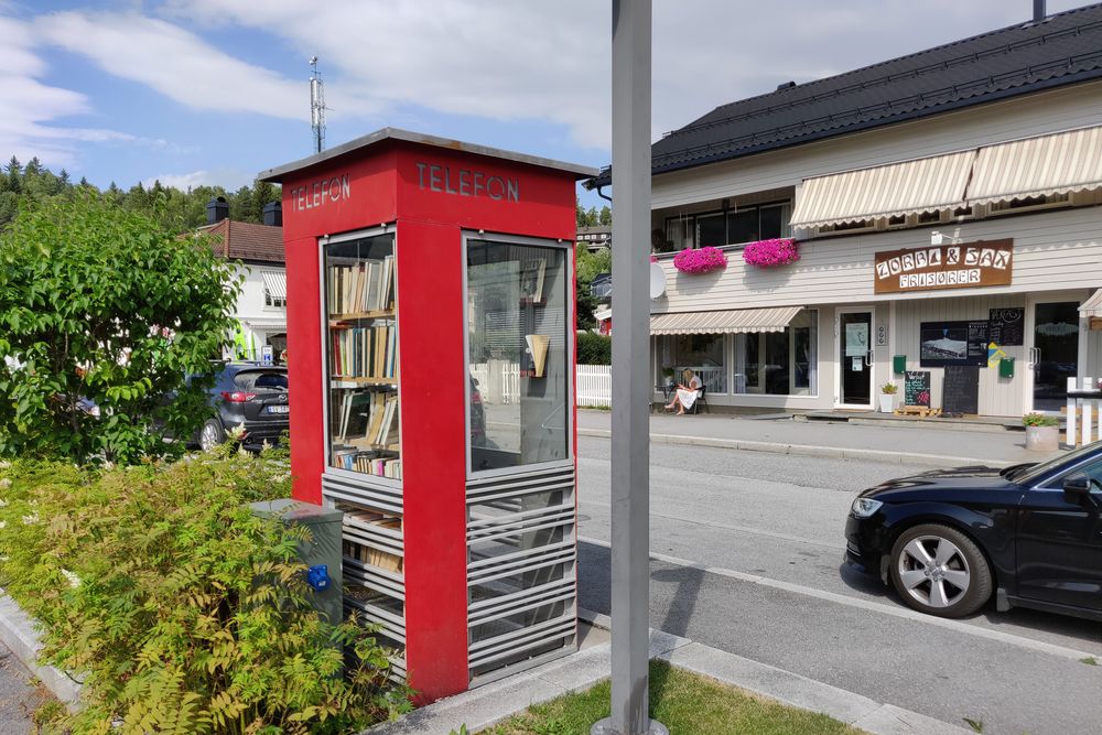 De røde telefonkioskene er et historisk ikon for tele i Norge. Her er en av de få gjenværende. Den står på Ringebu (som jo burde vært navnet på telefonkioskene) og er nå gjort om til mikrobibliotek. I bakgrunnen ser vi det som gjorde telefonkiosken overflødig, mobilmasten.