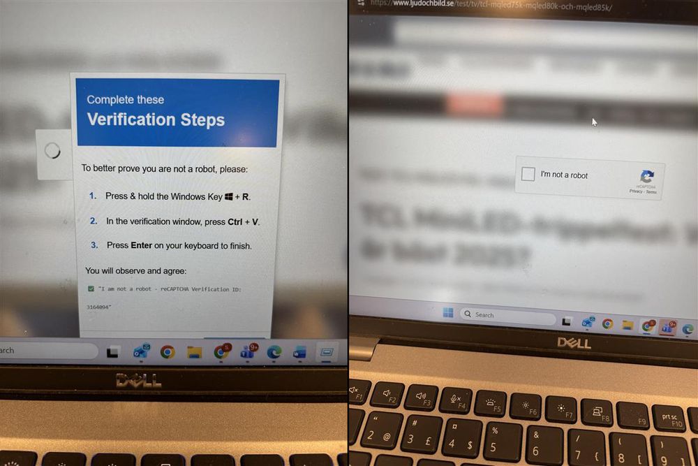 Slik så det falske verifiseringsvinduet ut på Lyd & Bildes nettsider. Angrepet rammet både den norske og svenske utgaven og er av typen «ClickFix». Denne metoden utnytter falske feilmeldinger eller reCAPTCHA («jeg er ikke en robot»-sjekken) for å lure ofre til å kjøre skadelige skript via Windows' kommandolinje.