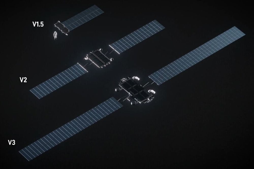 Illustrasjonen viser Starlinks V3-satellitt sammen med dagens V2-satellitt og den utrangerte V1.5-versjonen. V3-satellittens nedlastingshastighet på en gigabit per sekund er ventet å revolusjonere mulighetene for satellitt-bredbånd, men Elon Musk sier V3-satellitten også vil egne seg til å bygge datasentre i rommet med.