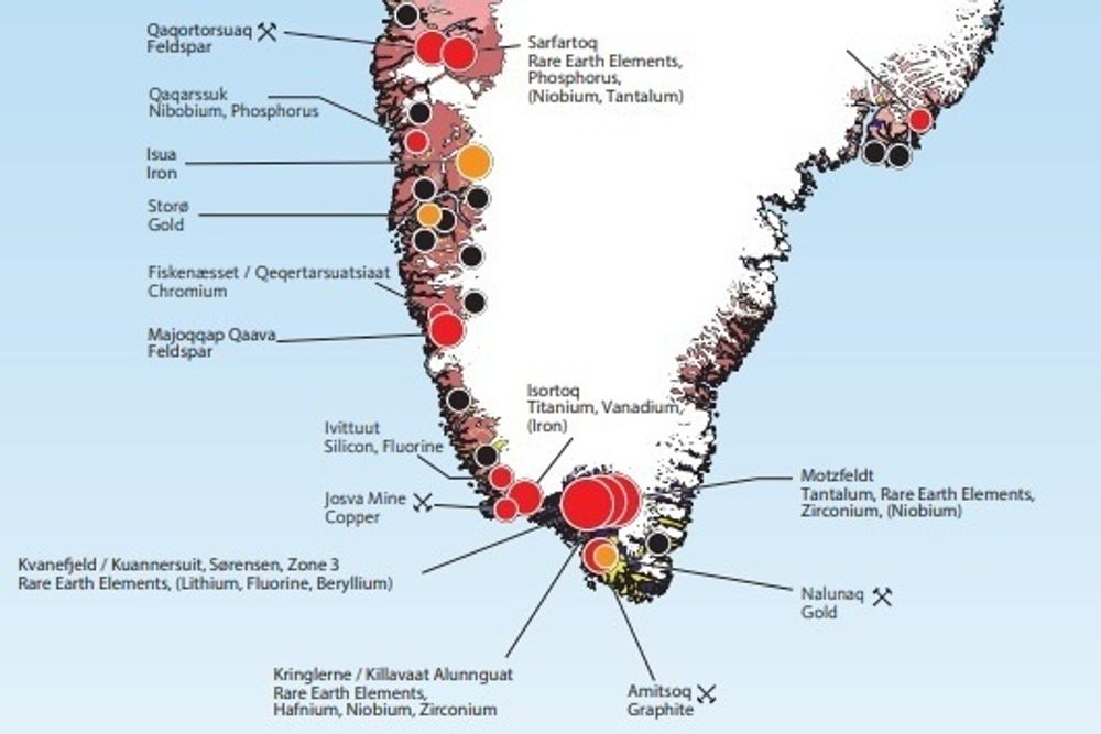 Kartet viser de kjente forekomstene på Grønland. Potensialet for utvinning er stort, men det er usikkert om det noen gang kommer til å skje, mener dansk geolog.