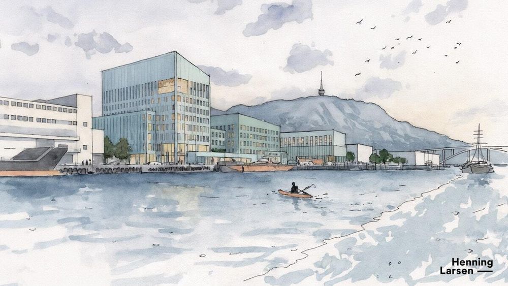 Arkitekttegning av nybygget til Havforskningsinstituttet og Fiskeridirektoratet på Dokken i Bergen.