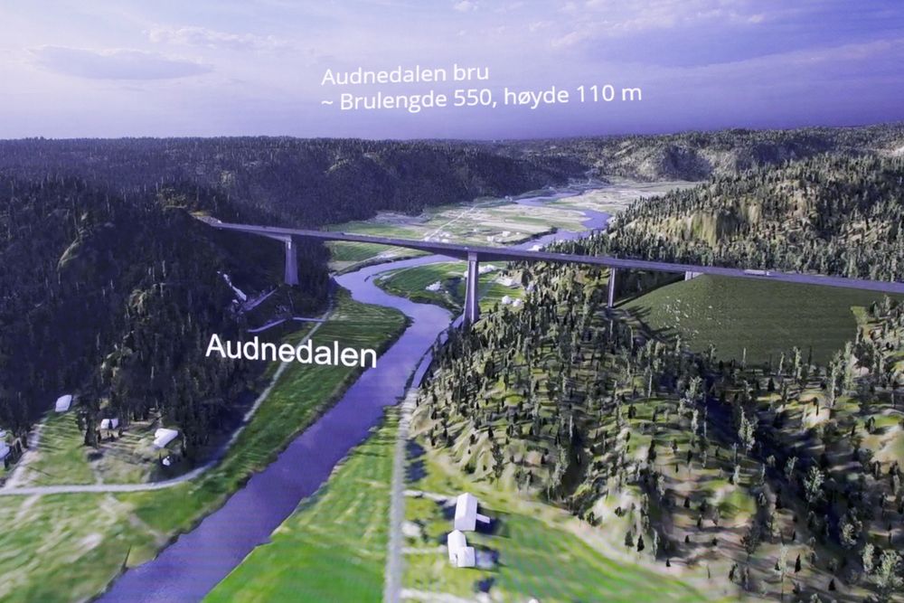 Audnedalen bru på E39 øst for Lyngdal blir 110 meter høy og dermed Sørlandets høyeste, ifølge Nye Veier.