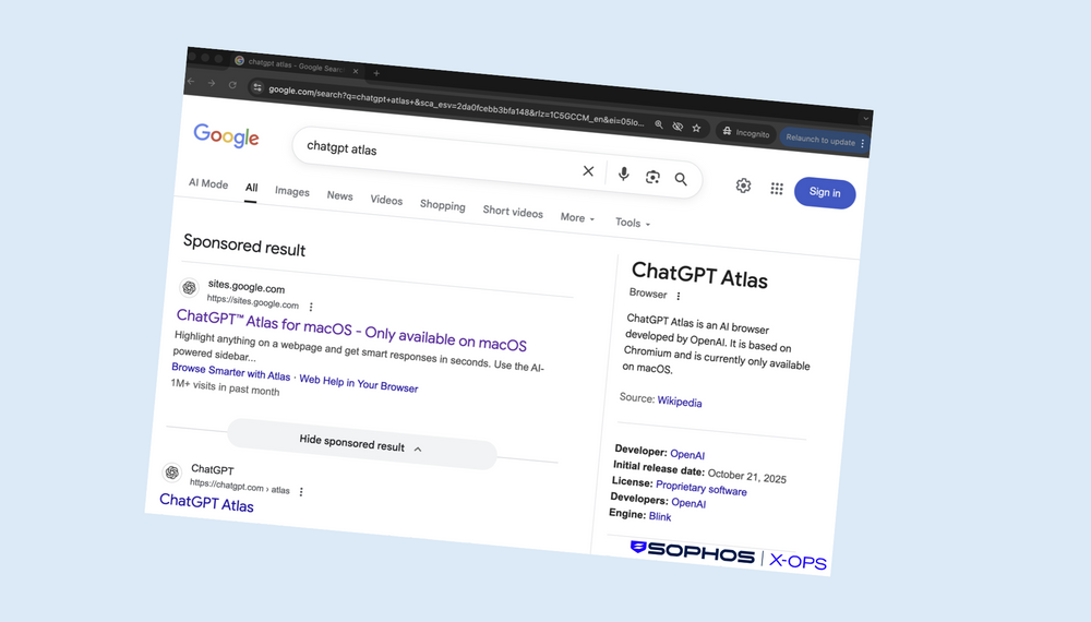 Google-annonser som denne brukes nå til å lure brukere til å kopiere inn ondsinnet kode i Apples terminal, sier Sophos.