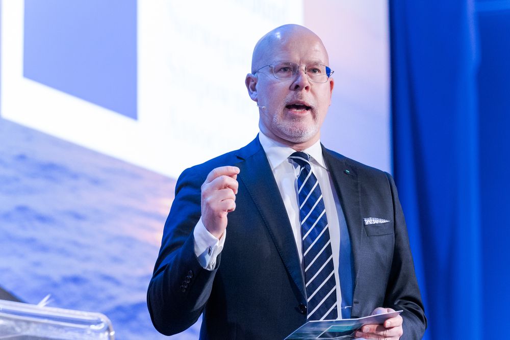 Direktør for sikkerhet og beredskap Audun Halvorsen i Norges Rederiforbund reagerer kraftig på Trumps utspill. Her under forbundets årskonferanse i mars.