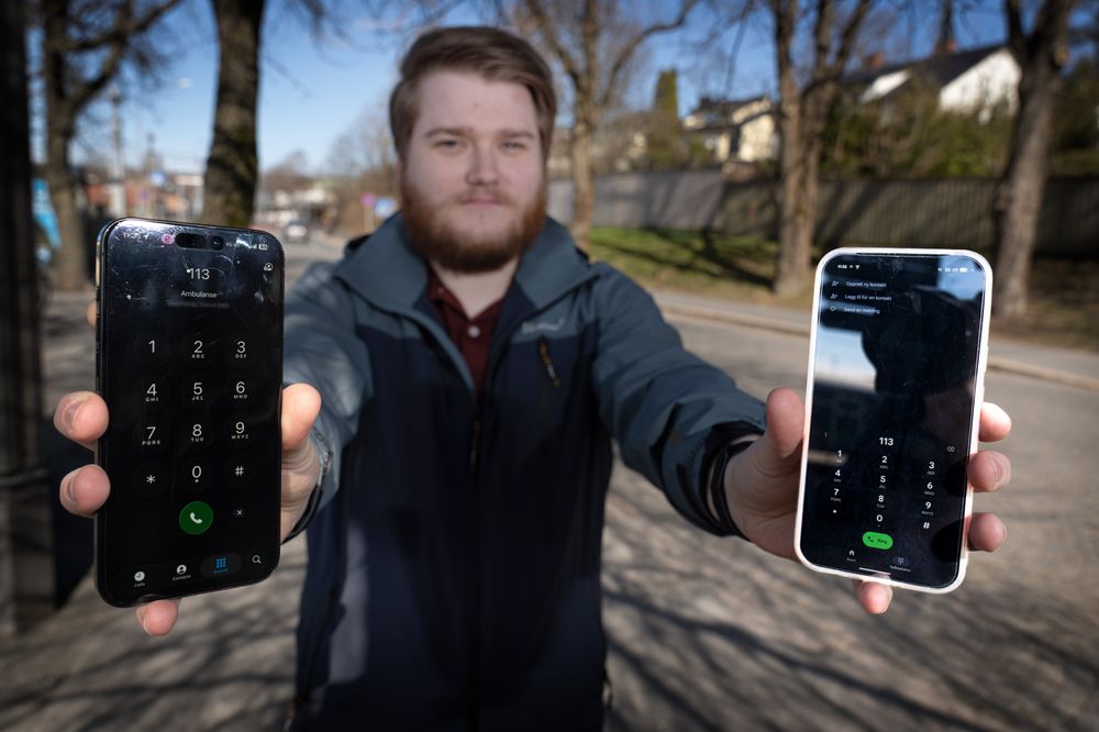 En Iphone og en Pixel-telefon ser like ut. Men da Johannes Andersen skulle ringe 113, var forskjellen på dem kritisk. En feil gjør at Pixel-telefoner i Telia-nettet kan slite med å komme gjennom til nødnumrene.