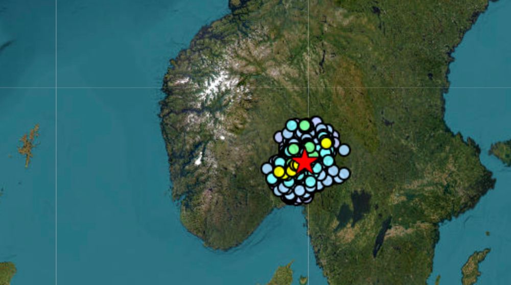 Et kraftig drønn hørtes over store deler av Østlandet. Skjermdumpen viser utbredelsen av jordskjelvet.