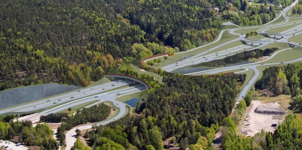 Modell av viltovergang ved et planfritt kryss på nye Tvärförbindelse Södertörn.