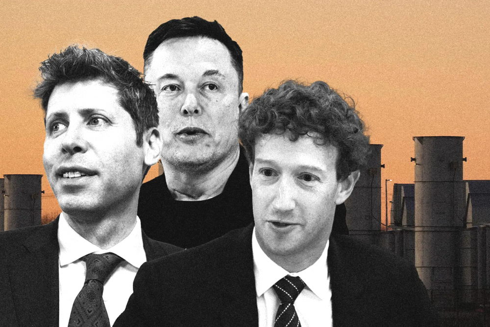 Gasturbiner ved Xai-anlegget i Memphis. Sam Altman, Elon Musk og Mark Zuckerberg driver alle KI-selskaper, men trenger strømslukende datasentre.