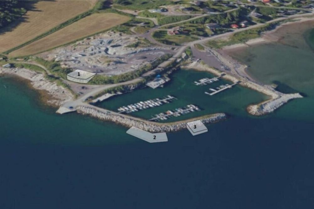 Slik ser Nscale for seg at varmevekslingsanlegget (1), pumpestasjonen (3) og et oppvarmet havbasseng (2) kan plasseres ved båthavna i Bjerkvik.