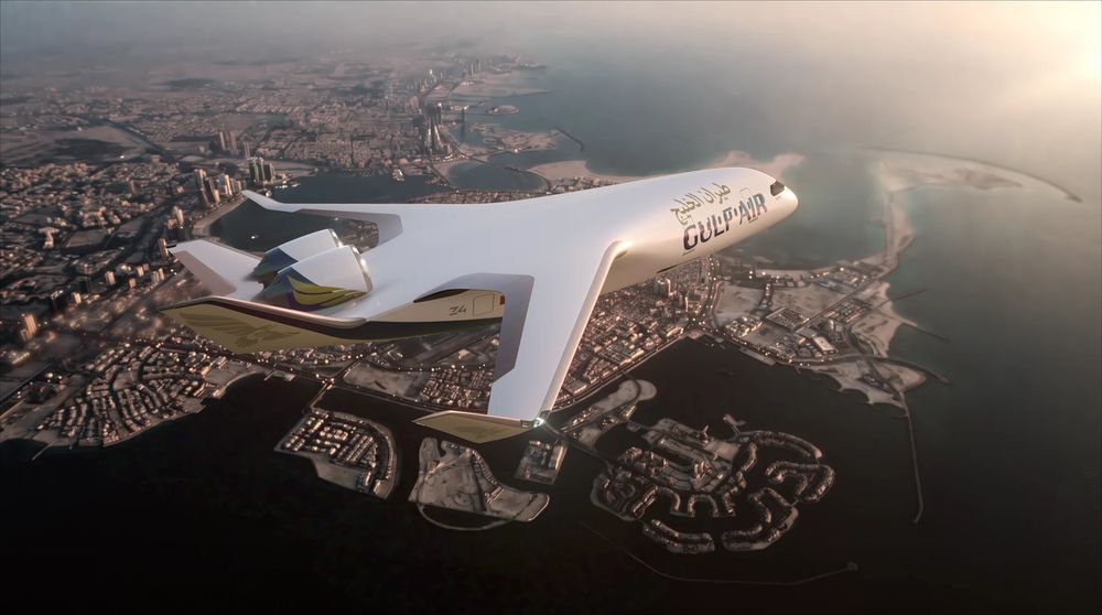 Et Jet Zero Z4-fly med logoen til Gulf Air flyr over Bahrain i denne illustrasjonen.
