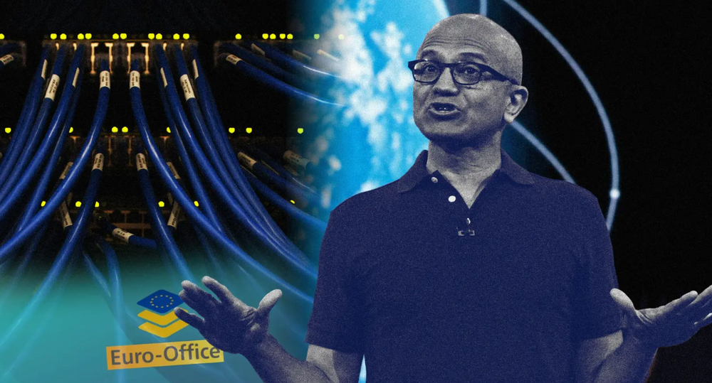 Euro-Office er nylig lansert som et alternativ til de amerikanske teknologigigantene. Men de kritiseres for fortsatt avhengighet av Microsoft, her eksemplifisert med toppsjef Satya Nadella.