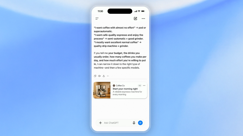 Fra neste uke vil også norske brukere se annonser i Chat GPT-svarene. De vil se omtrent slik ut.