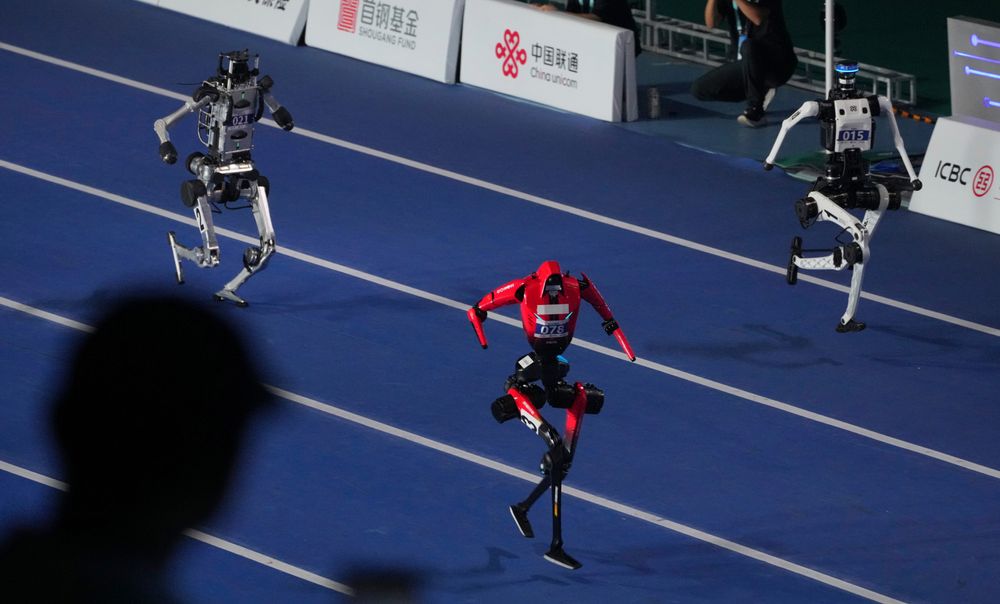 Her konkurrerer roboter på 100 meter under World Humanoid Robot Games i Beijing lørdag 22. august 2026. Tiangong Ultra til høyre, nens Lightning er den røde i midten.