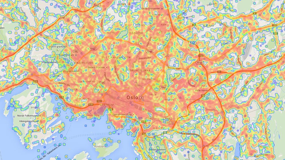 Slik ser Open Signals dekningskart over Oslo ut. Dette er fra testen i 2015.