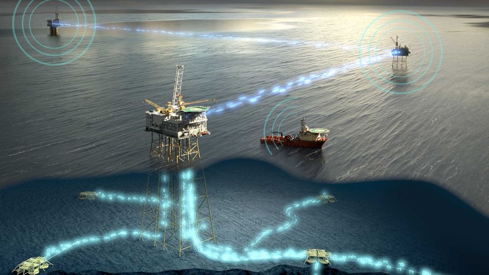 Skissen illustrerer hvordan Tampnet leverer kommunikasjon til de ulike typer farkoster og installasjoner til havs, enten det er olje-plattformer, skip eller satellitter på havbunnen. 
