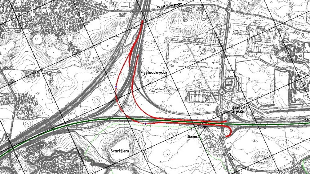 De røde linjene viser de nye rampene og de nye feltene på E6. En 350 meter lang bru inngår i den ene rampen. (Ill.: Statens vegvesen)
