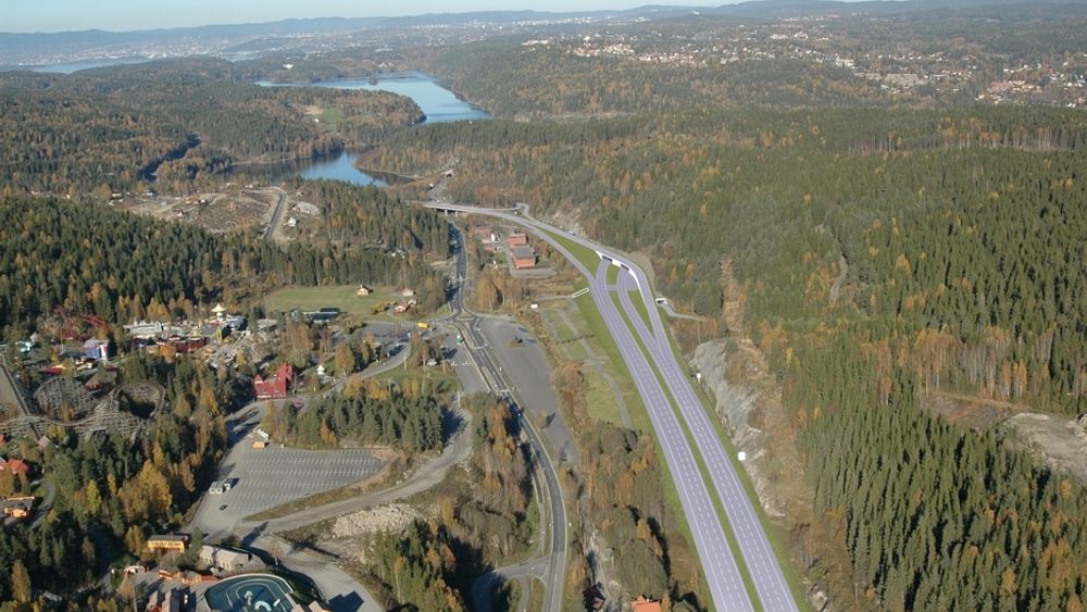 Dette veganlegget vil flytte morgenkøene nærmere Oslo når det åpnes høsten 2009. Utvidelsen fra fire til seks felt vil skje mot vest i retning Tusenfryd. (Ill.: Norfilm)