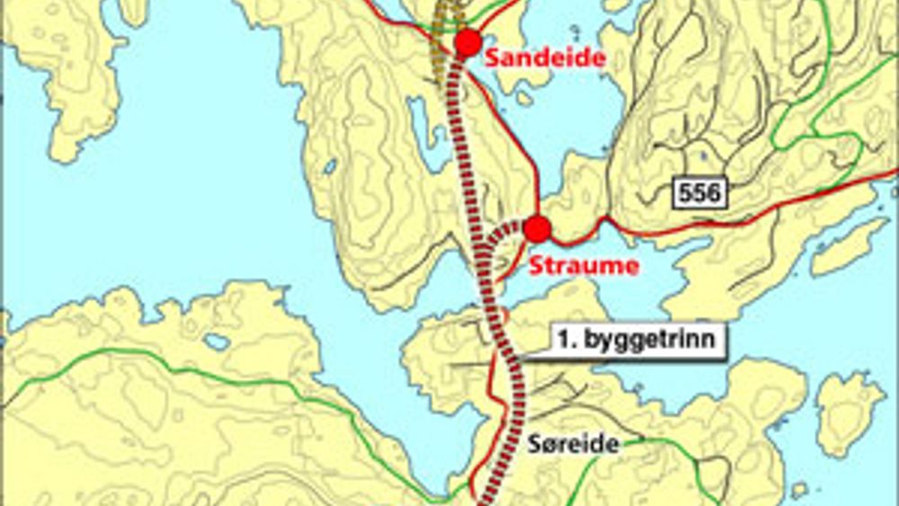 Elektroinstallasjonene skal utføres mellom Dolvik og Sandeide. Tunnelsystemet er langt mer omfattende enn dette kartet gir inntrykk av. Tunnelen får to 2,5 km lange hovedløp, og over 1,6 km ramper. (Ill.: Statens vegvesen)