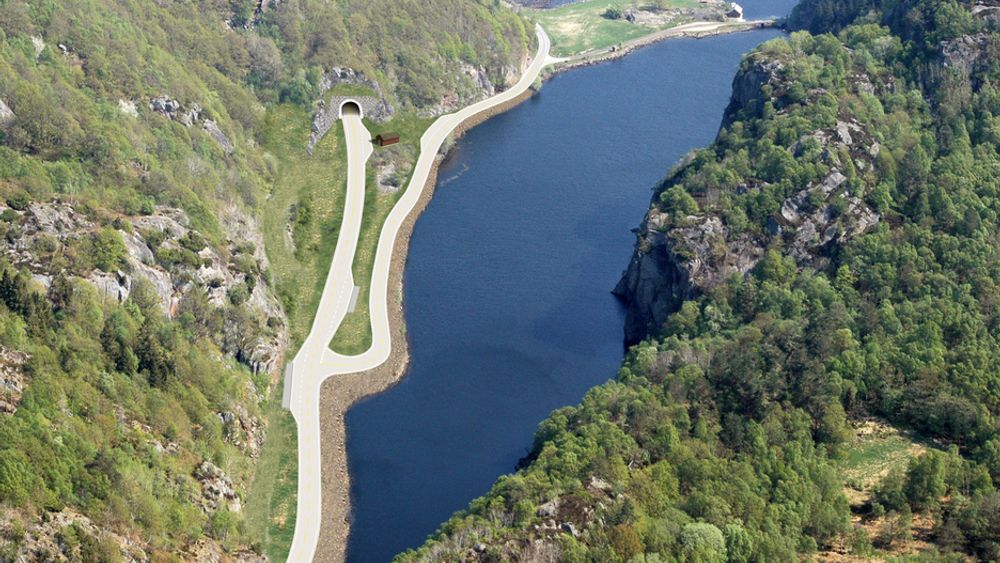 Slik vil søndre påhugg til Ravneheitunnelen se ut når den (forhåpentligvis) blir ferdig 1. juli neste år. Vegvesenet ber nå om pris på teknisk innredning av tunnelen. (Ill.: Statens vegvesen)