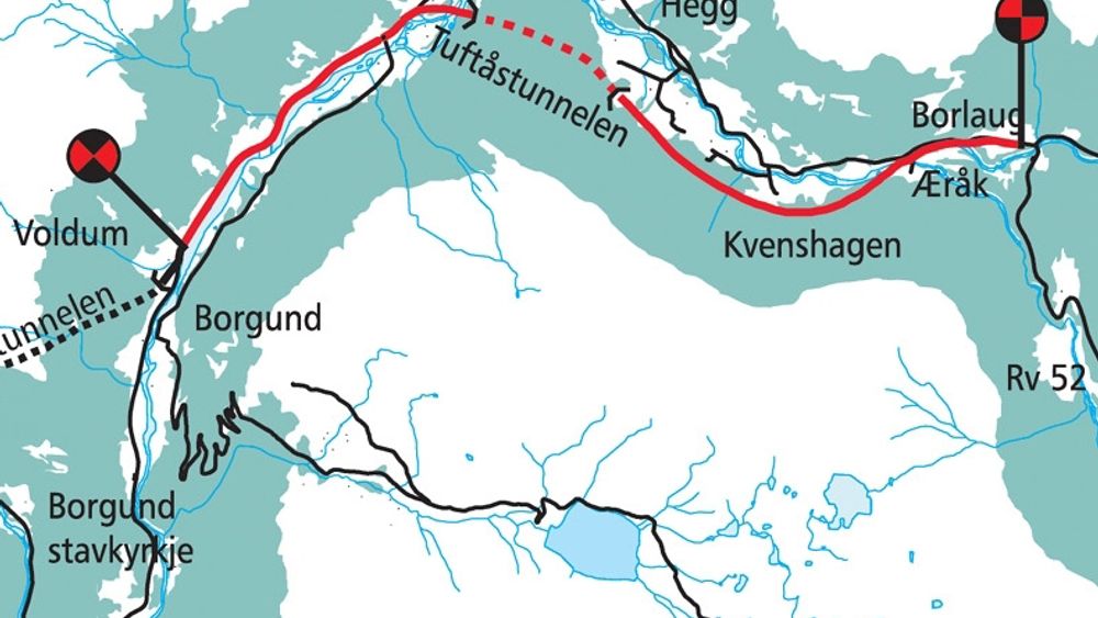 Den nye vegen mellom Voldum og Borlaug er markert med rødt. Den vil føre til den vesentlig standardheving på E 16. Snarvegen gjennom den 1,9 km lange Tuftåstunnelen fører dessuten til at vegen blir kortet inn med 2,2 km.