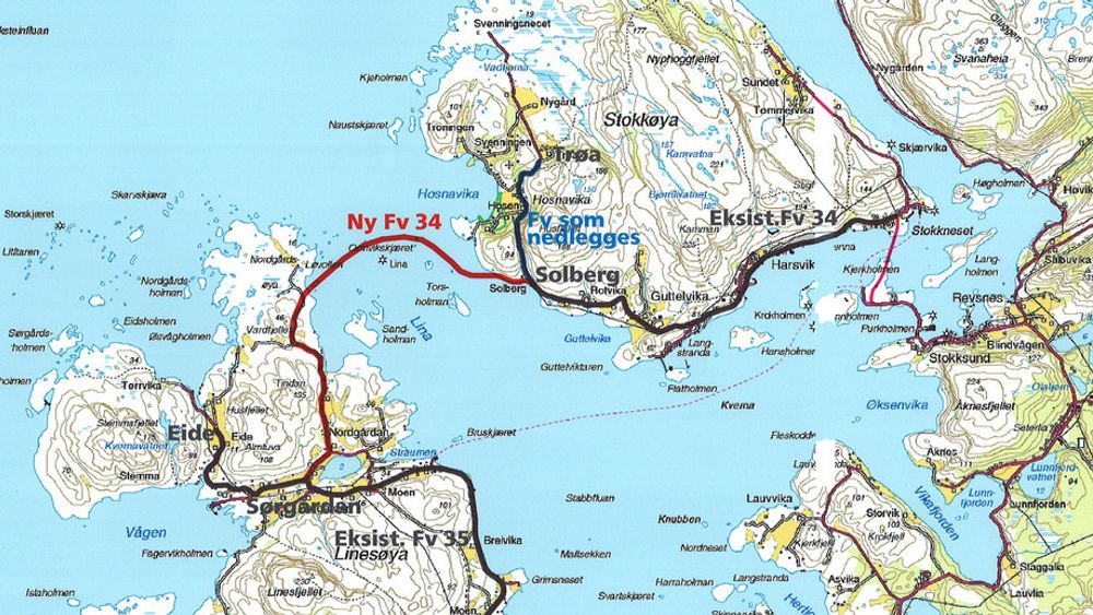 Den røde linjen markerer fyllingene og brua mellom de to øyene. Etter den nye forsinkelsen er det klart at ferga mellom Linesøya og fastlandet ikke får avløsning før mot slutten av året. (Ill.: Statens vegvesen)