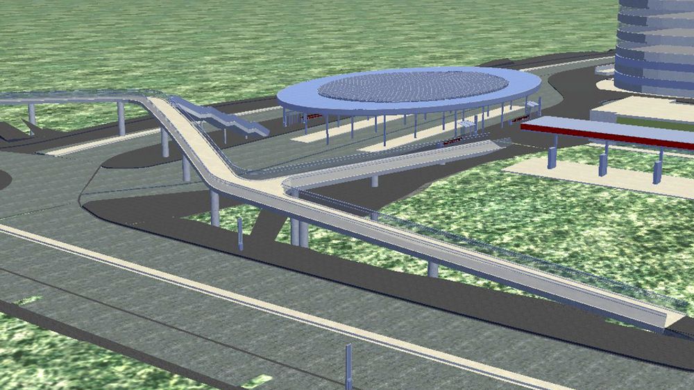 Aas-Jakobsen og Artikektskap har stått for utformingen av gangbrua i forgrunnen og det ovale taket over bussterminalen i bakgrunnen.
