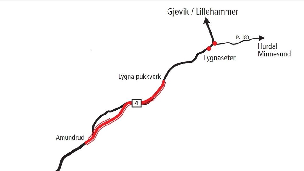 Den røde linjen markerer den nye riksveg 4. De som vil anlegge den, må gi anbud innen 4. februar. (Ill.: Statens vegvesen)