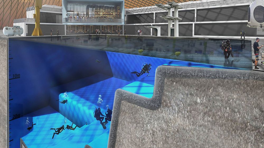 Slik ser planene for Blue Abyss-bassenget som kan komme til å bygges ved University of Essex ut. På det dypeste vil bassenget være 50 meter dypt. 