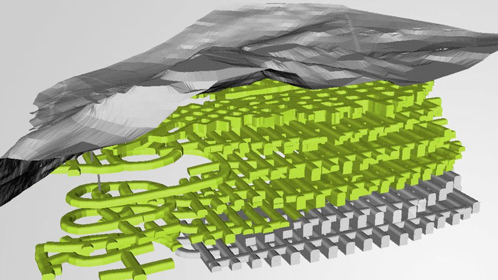 Lefdal gruve er gravd ut av fjellet rett ved fjorden, og rekker ned til 134 meter under havet. Gangene tegnet i grønt vil kunne brukes til datasentral samtidig som gruvedriften fortsetter i gangene tegne i grått.