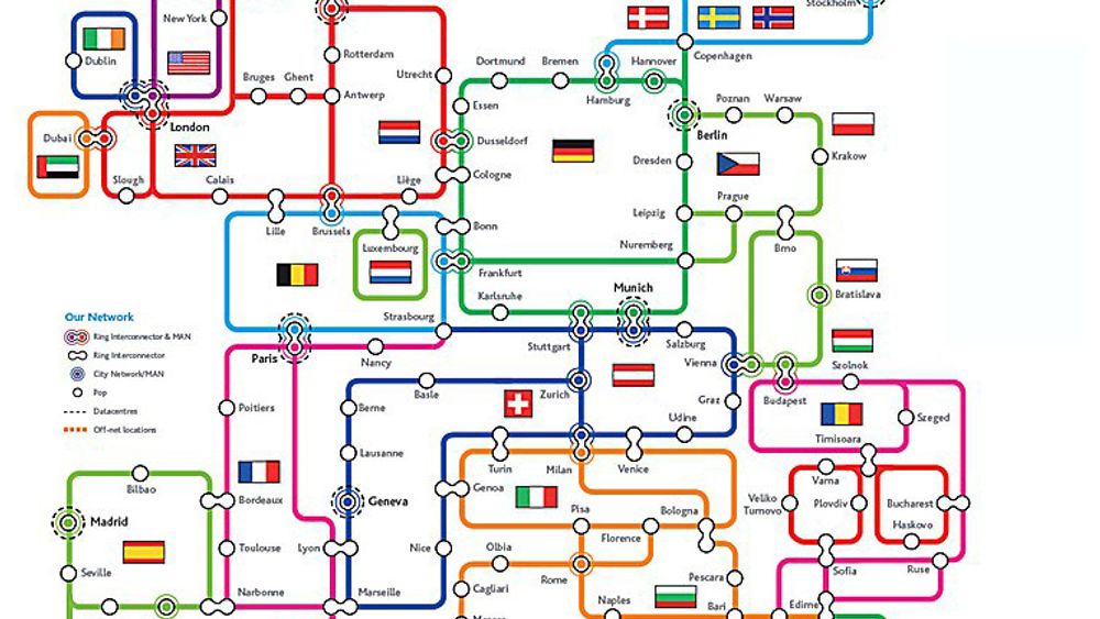 Interoute europeiske nett omfatter 55.000 kilometer fiber mellom 100 byer i 29 land. Selskapet driver dessuten private bynett i 21 byer, og åtte datasentraler.