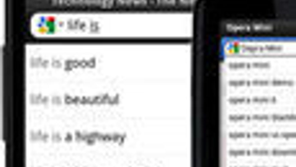 Opera Mobile 11.1 og Opera Mini 6.1 med søkeforslag fra Google.