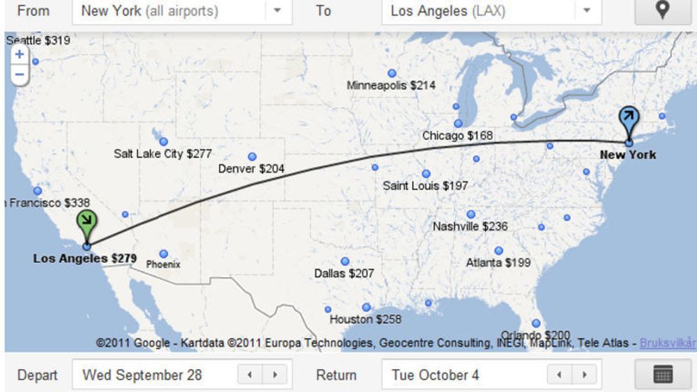 Googles nye Flight Search. På kartet kan man se prisen det koster fra avreisestedet, her New York, til ulike byer. Destinasjonen kan velges ved å klikke på byen på kartet.