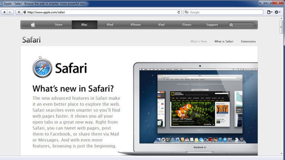 Apples webside for Safari, her vist i Safari 5.1.7 for Windows, har ikke lenger noen nedlastingslenker til noe Windows-versjon av nettleseren.