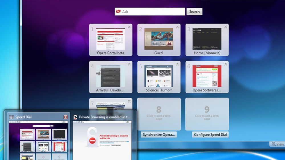 Opera 10.50 vist i Windows 7. Nederst til venstre vises JumpList-innholdet.