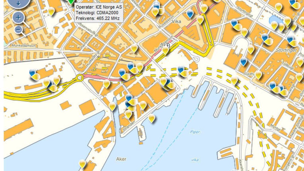 Post- og teletilsynets nye kartløsning viser mobilbasene fra alle norske mobiloperatører. Her et utsnitt over plasseringene i Oslo sentrum og Aker brygge.