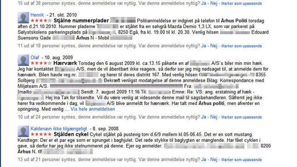 Eksempler på politianmeldelser i Google Steder-oppføringen for en dansk politistasjon. Sensureringen av personopplysninger er gjort av digi.no.