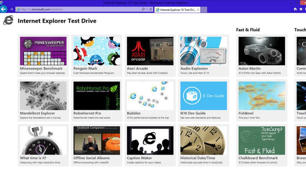 Internet Explorer Test Drive er Microsofts samling av webapplikasjoner som skal demonstrere de nye mulighetene og ytelsen til Internet Explorer 10.