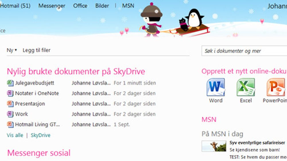 Klikker man på Office-fanen i Windows Live får man en side som denne. SkyDrive er Microsofts tjeneste for personlig lagring i nettskyen.