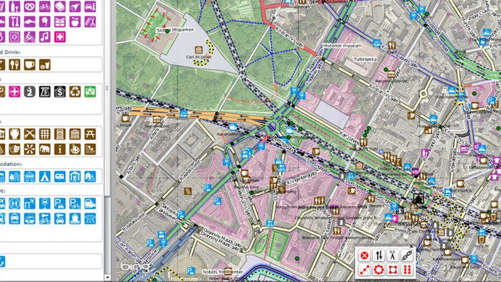 Redigering av OpenStreetMap med verktøyet Potlatch 2 og med flyfoto fra Bing Maps.