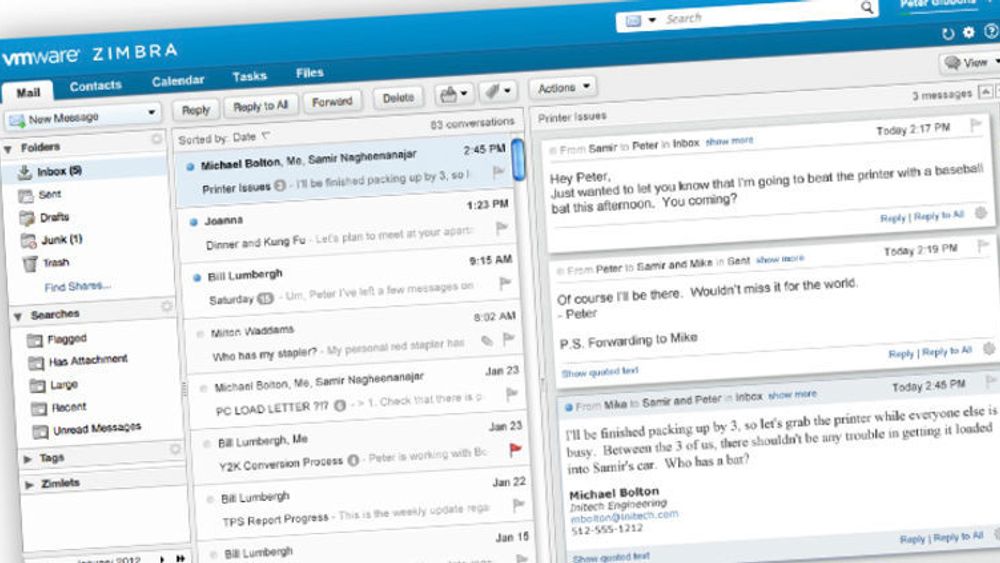 PC-klienten i Zimbra 8 tilbyr utvidet indeksering og søk, slik at man slipper å etablere kompliserte mappestrukturer for å sikre gjenfinning av meldinger. Skjermbildet viser også hvordan man kan vise samtaler fram for en og en melding.